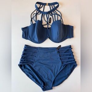 NWT Adore Me Enisa Blue Strappy High Neck High Waist Bikini Set, 3XL 46DD Flaw